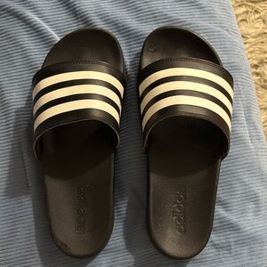 Adidas Black Slides with White Stripes